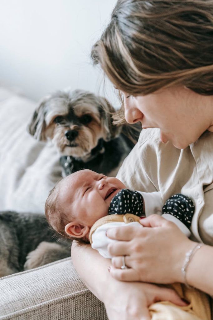 A mother tenderly comforts her crying newborn baby as the pet dog attentively watches nearby.